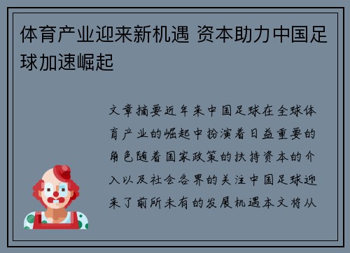 体育产业迎来新机遇 资本助力中国足球加速崛起